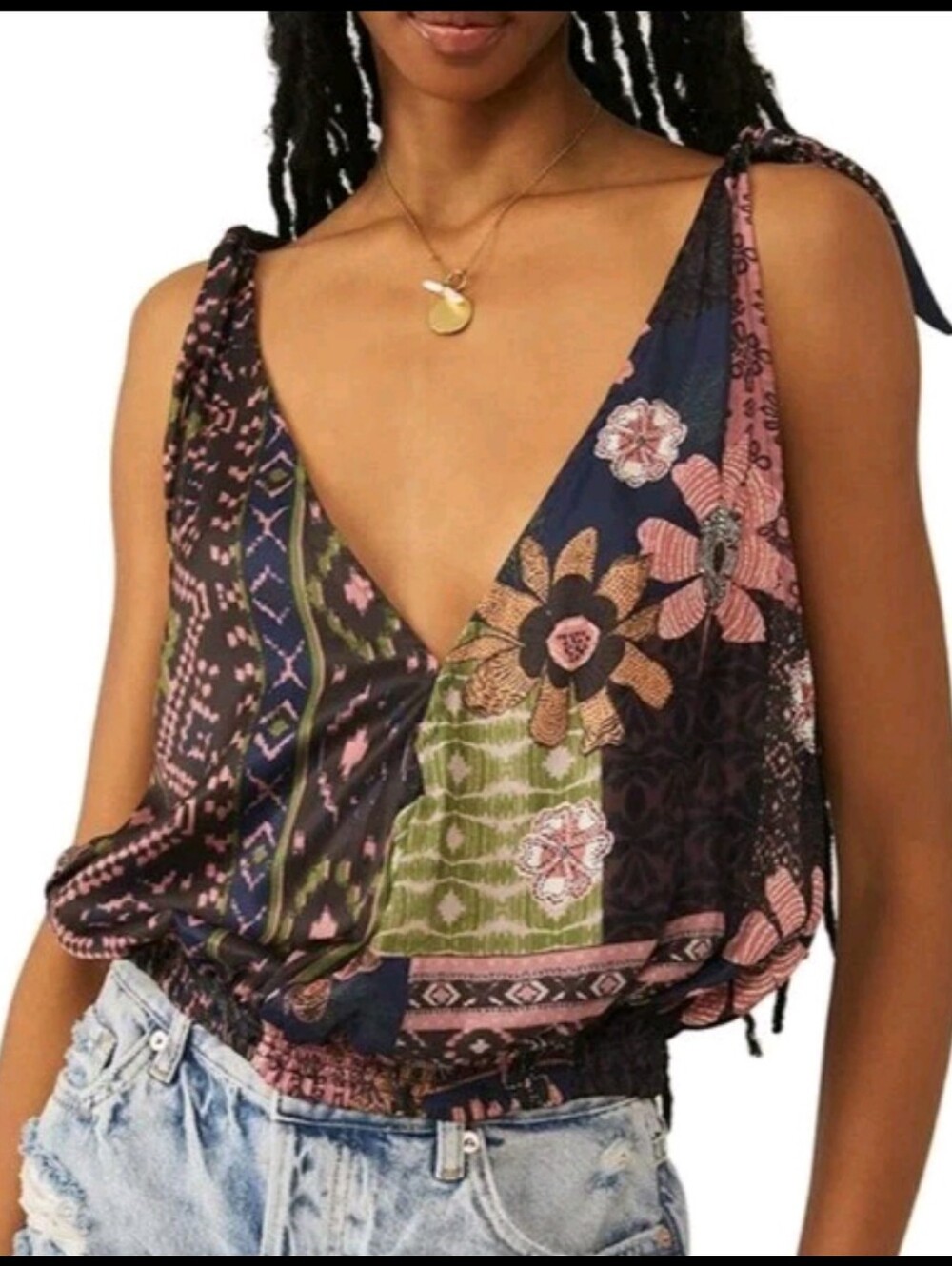 Free People Tied to You Satin Cropped Tank Top Surplice Boho Floral Moss Small